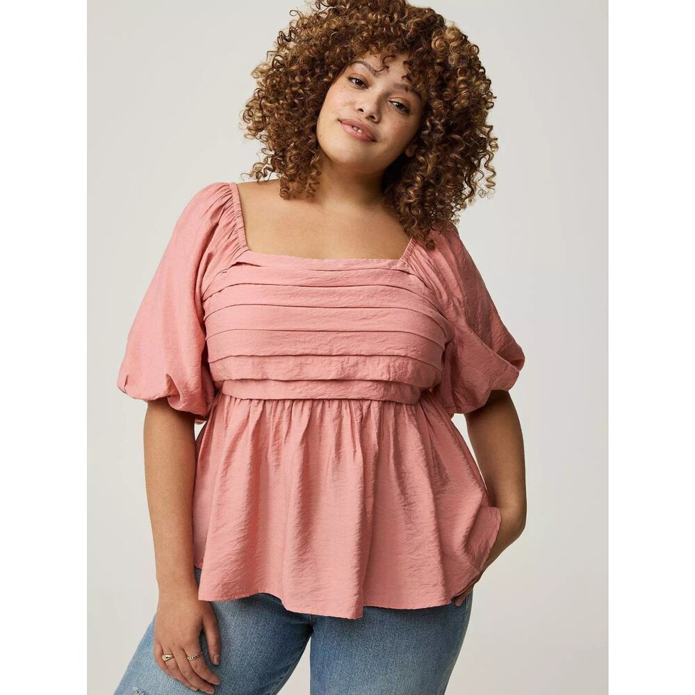 Torrid Ruched Pink Puff Sleeve Top Size 1 (14/16) Women’s Plus Size Blouse - Picture 1 of 9